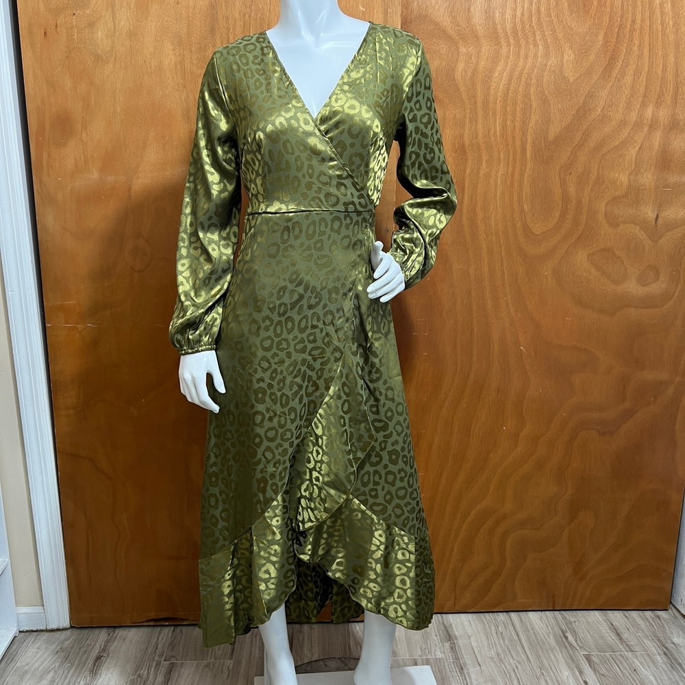 Simplee Satin Leopard Print Wrap Maxi Dress M Olive Green Long Sleeve High Low